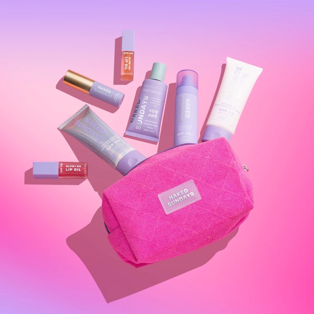 makeup bag with products coming out of it
