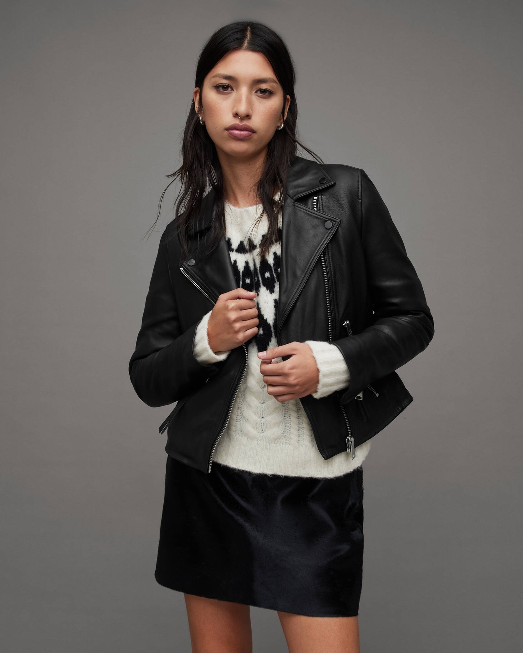 model posing in the leather jacket