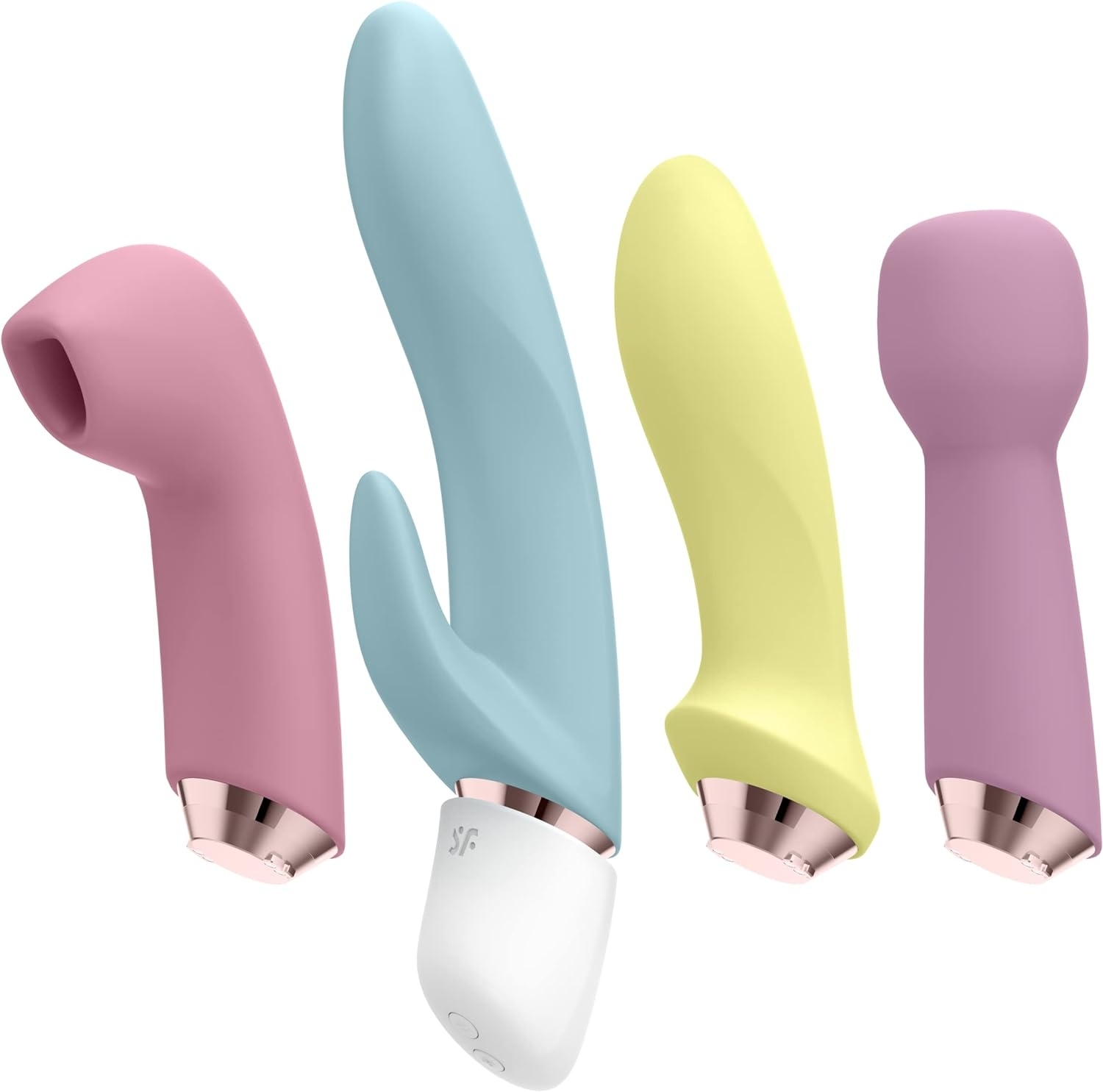Pink air stimulating attachment, blue rabbit vibrator head attached to white vibrator base, yellow g-spot attachment, and purple wand attachment