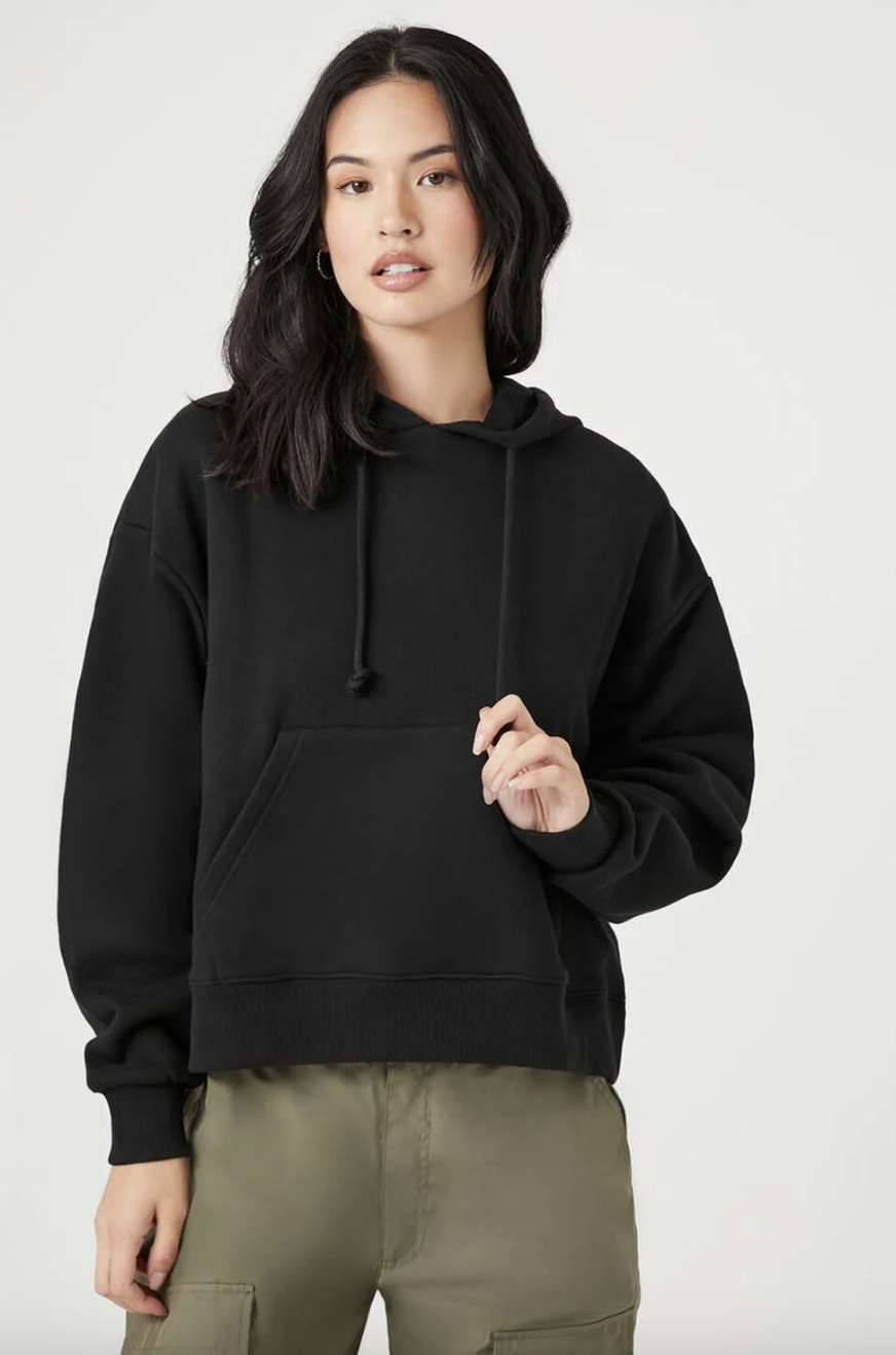 model wearing a simple black hoodie
