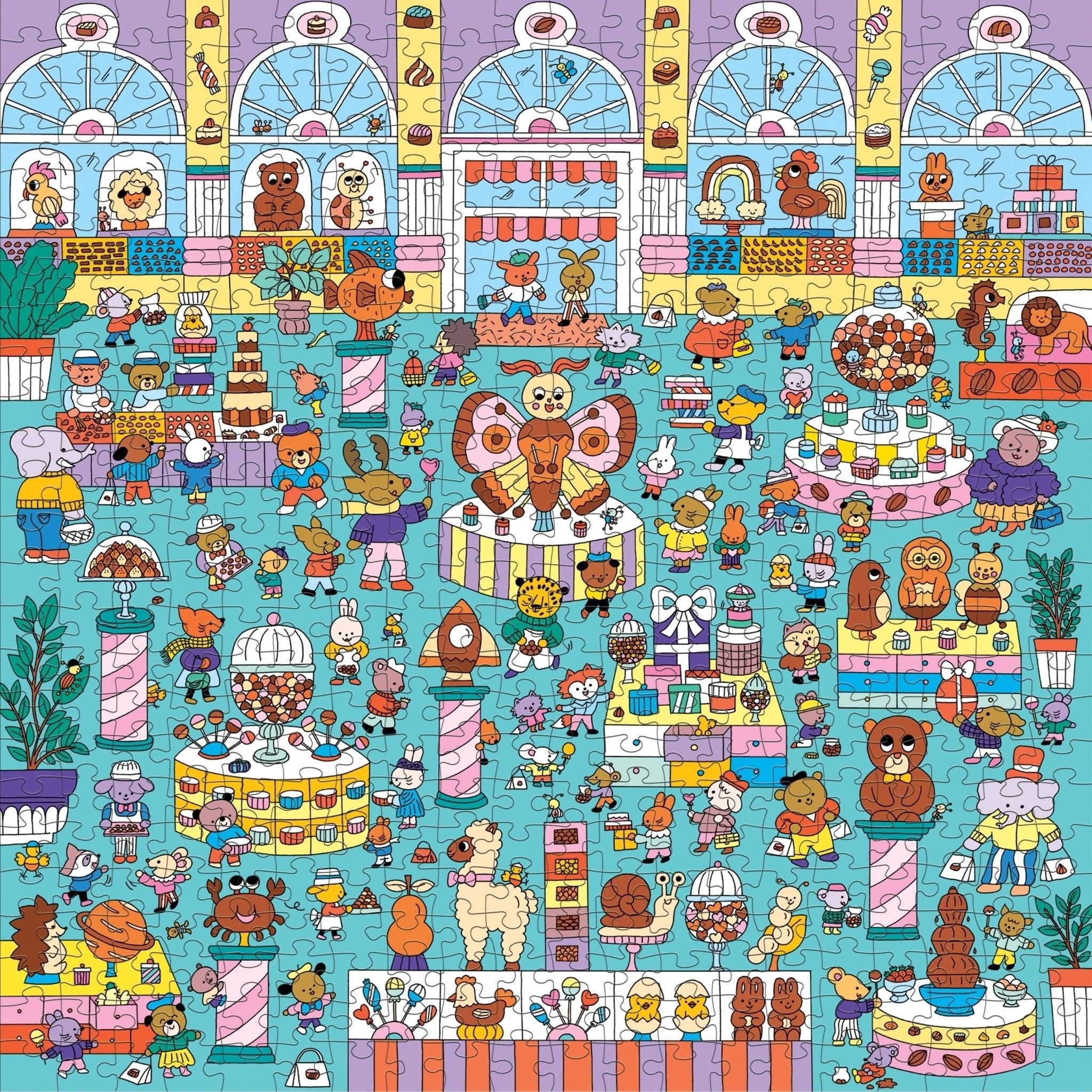 the puzzle put together, with a cute illustration of a busy chocolate shop