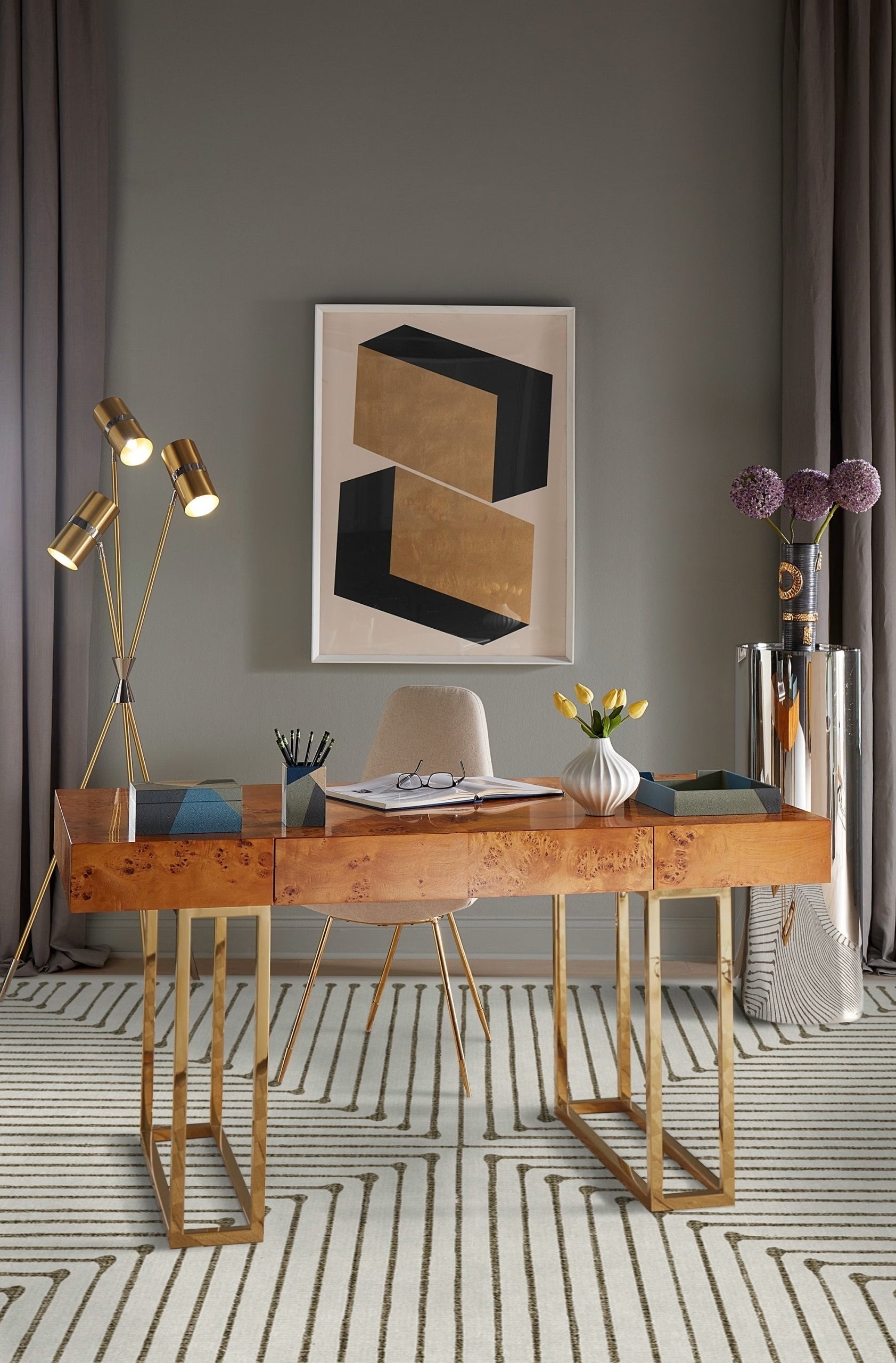 a triangle striped rug in an office
