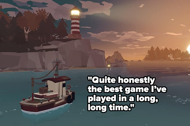 a screenshot from dredge and the reviewer quote "Quite honestly the best game I've played in a long, long time"