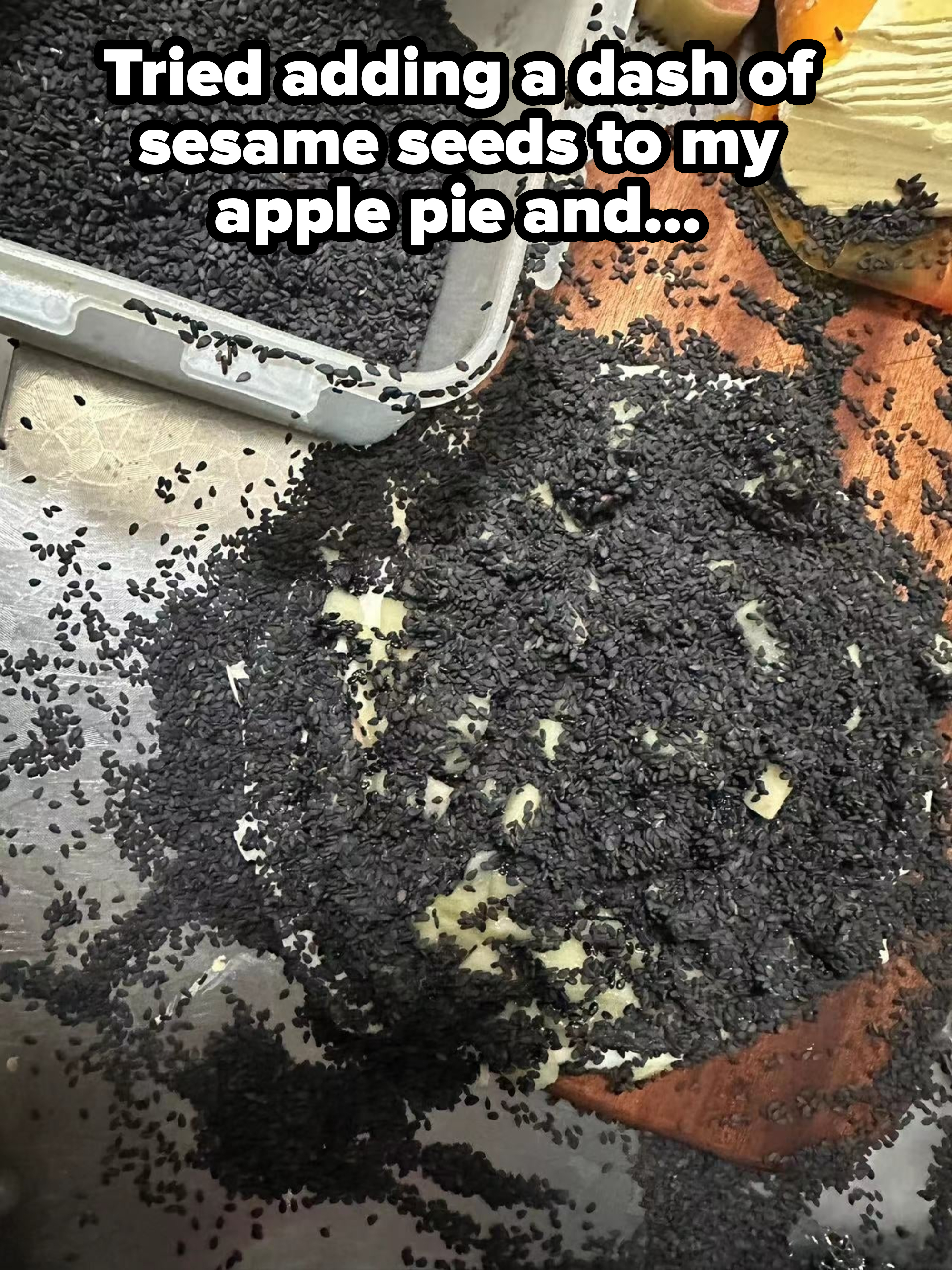 Sesame seeds spilled all over a pie