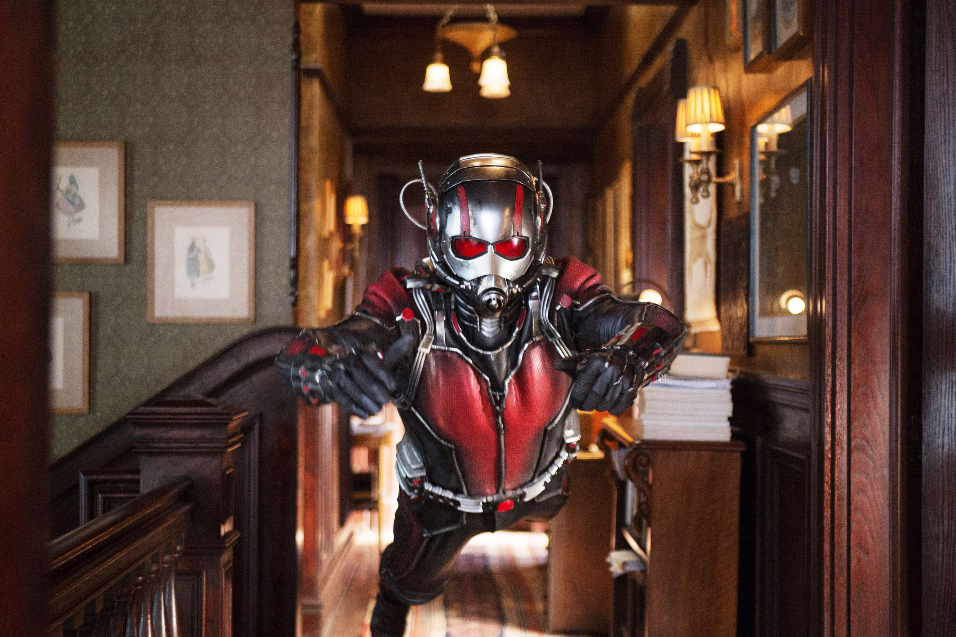 Paul flying in a home as ant man