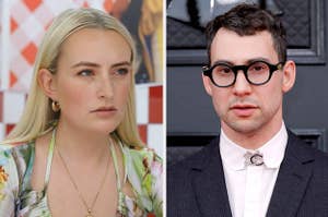 Amelia Dimoldenberg sits at a table vs Jack Antonoff on the red carpet