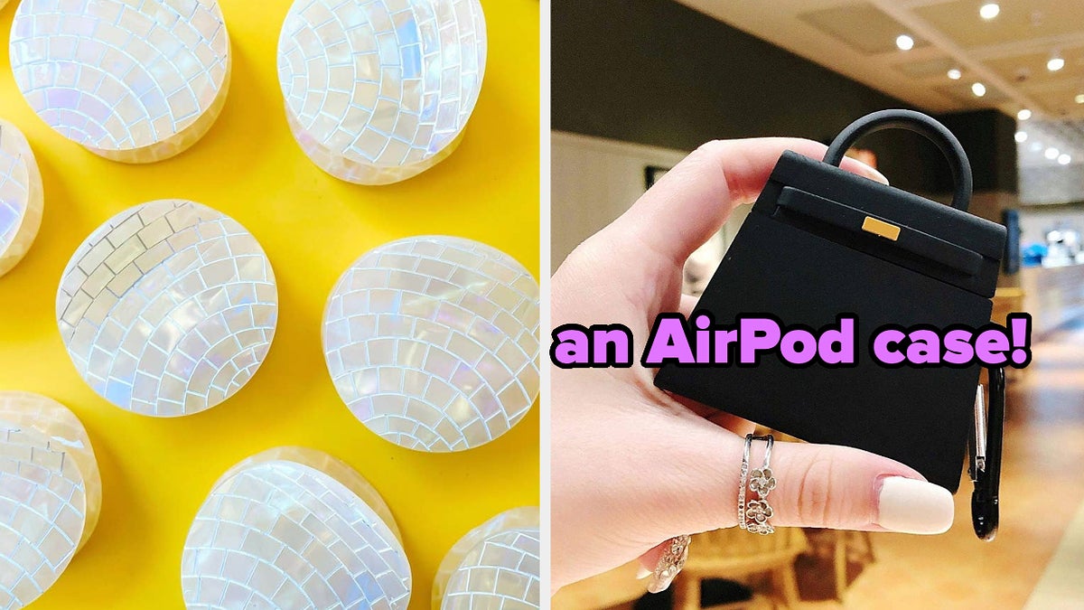 disco ball hair clips / an airpod case shaped like a purse
