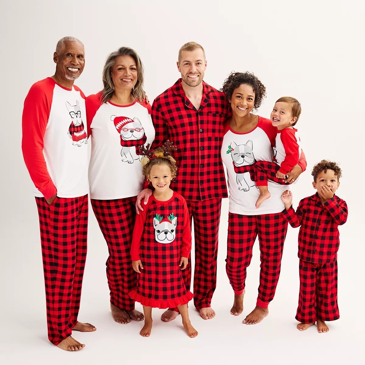 models in the jammies in women&#x27;s sizes, men&#x27;s sizes, kids sizes, and toddler sizes
