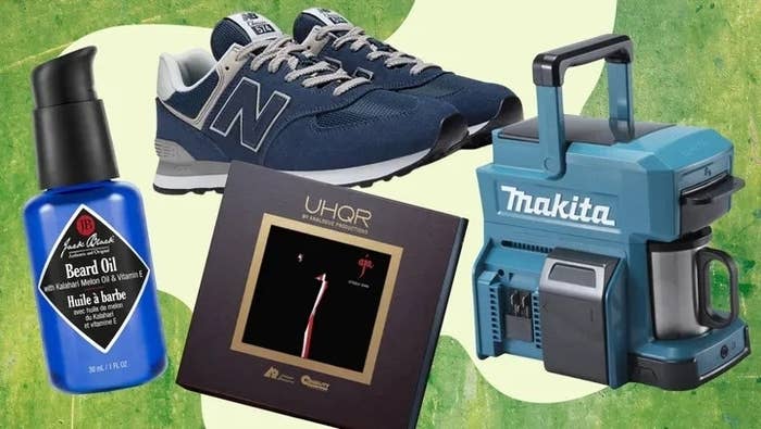 Jack Black beard oil, a pair of 574 New Balance sneakers, the new reissue of Steely Dan’s “Aja,” and a Makita job site coffee maker.