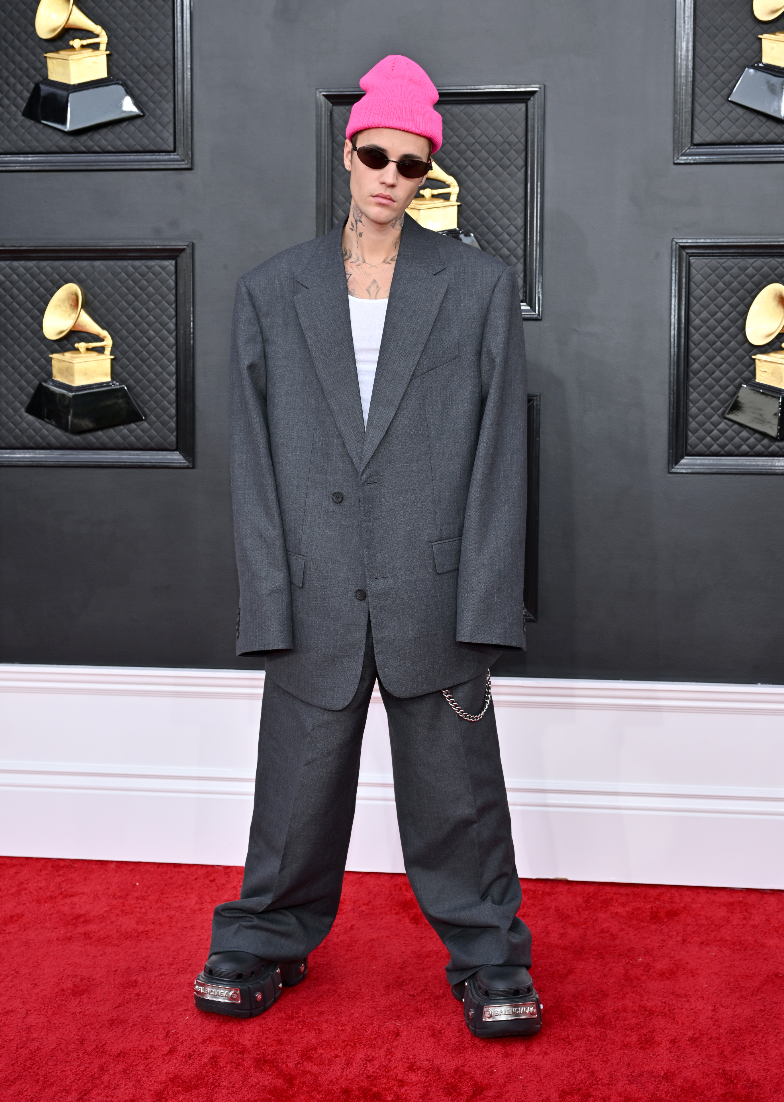 Justin Bieber on the Grammys red carpet in an oversized suit and a beanie