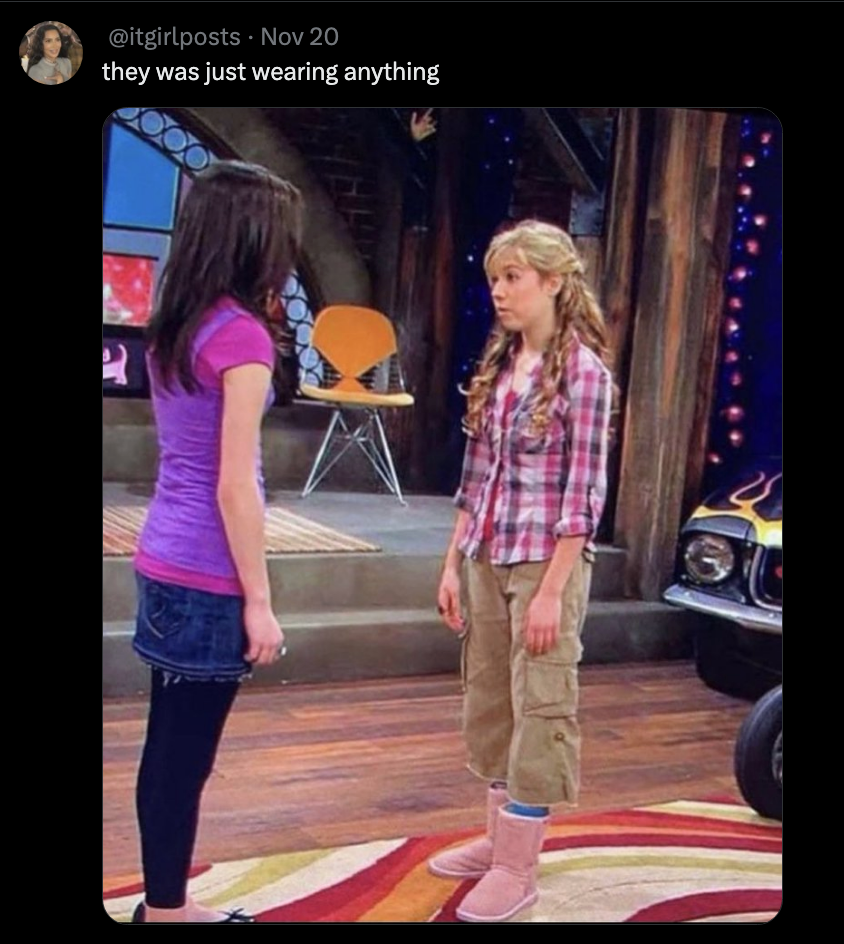 Sam and Carly on iCarly in wacky outfits