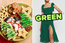 On the left, a plate of Christmas cookies, and on the right, someone wearing a midi dress with straps that tie and a slit up one thigh labeled green