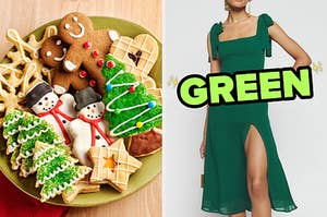 On the left, a plate of Christmas cookies, and on the right, someone wearing a midi dress with straps that tie and a slit up one thigh labeled green