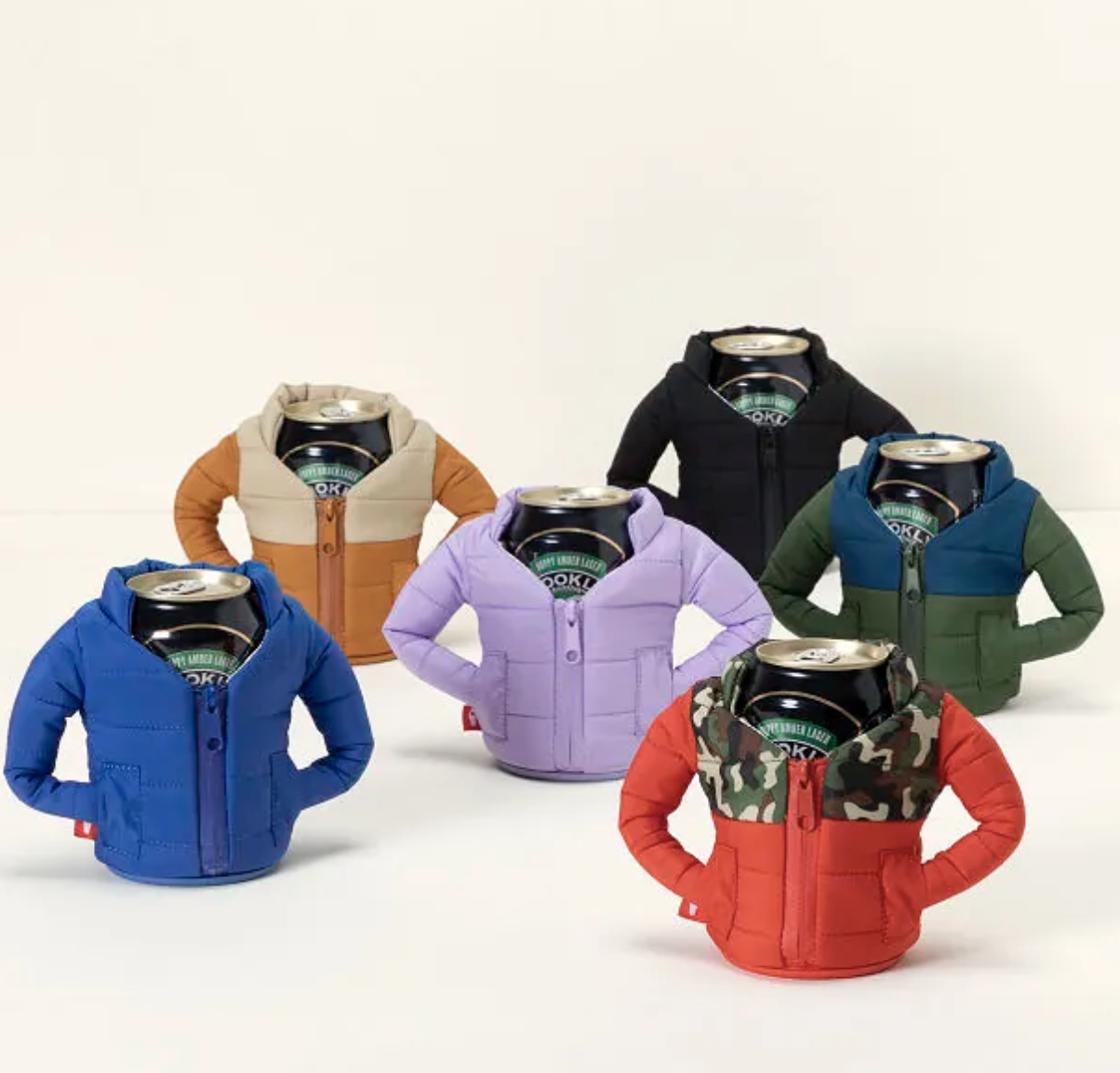 five cans of beer in coozies that look like zip up coats in various colors