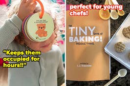 toddler holding ring of hide and seek cards in front of face and reviewer's tiny baking set on display next to cookies on baking sheet