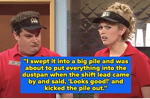 Two McDonalds workers in an SNL skit