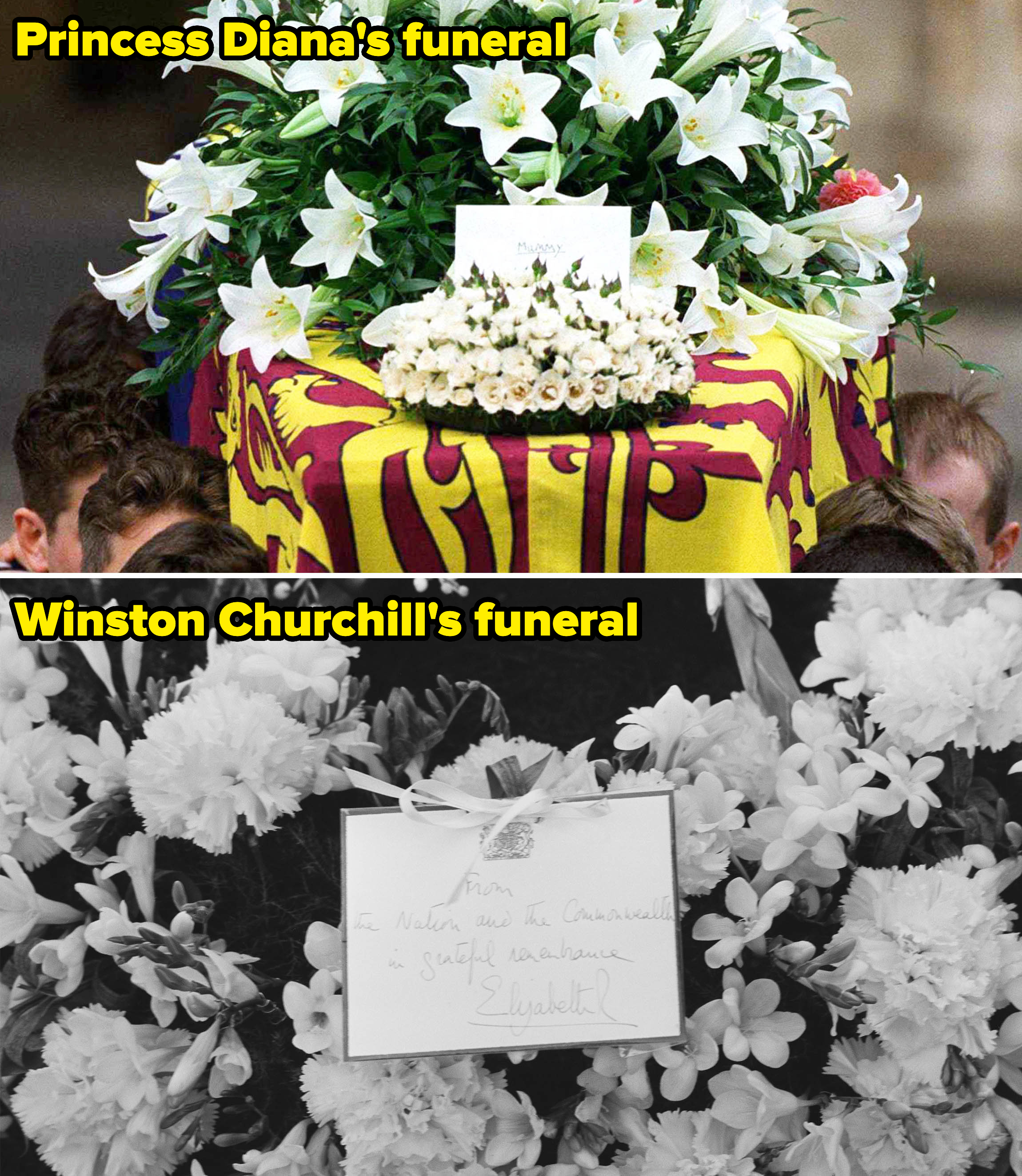 Side-by-sides of the floral arrangements with a note from Diana and Winston Churchill&#x27;s funerals