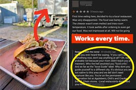 arrow pointing to smoker in trailer at BBQ restaurant and circle around restaurant owner's response to a negative review