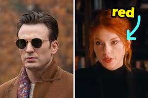 On the left, Chris Evans wearing a chic coat and sunglasses as he stands outside as Ransom in Knives Out, and on the right, Taylor Swift speaking at the end of the All Too Well short film with an arrow pointing to her hair and red typed on top of it