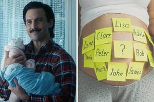 On the left, Jack from This Is Us smiling while holding two babies, and on the right, a pregnant belly covered in sticky notes with names written on them