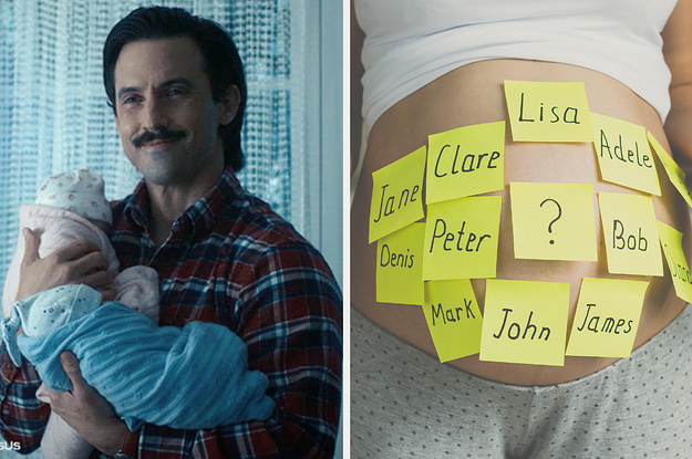 On the left, Jack from This Is Us smiling while holding two babies, and on the right, a pregnant belly covered in sticky notes with names written on them