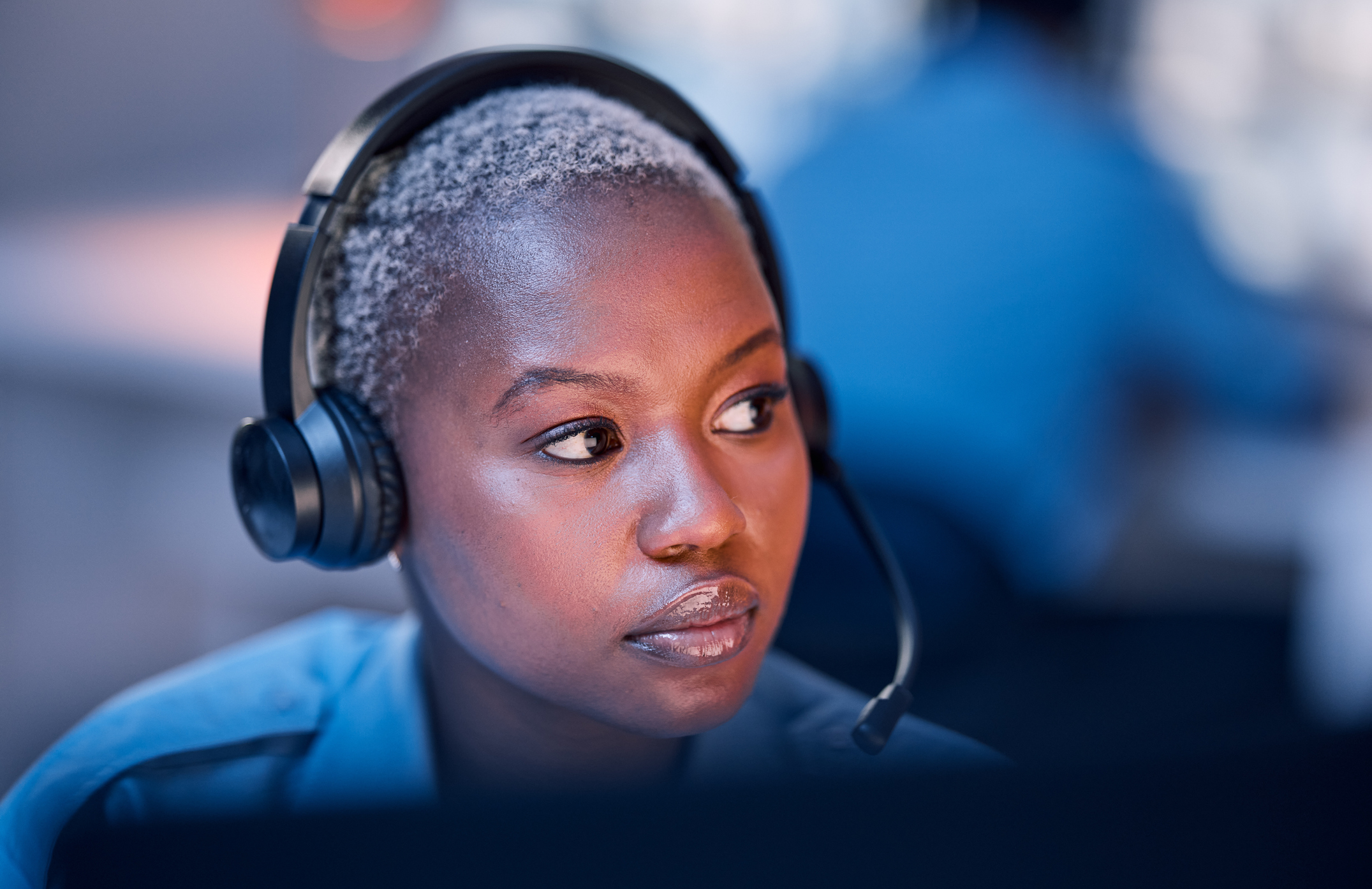 closeup of a person wearing a headset