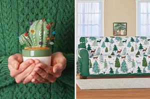 on left: ceramic cactus tree. on right: holiday couch cover with reindeer and trees
