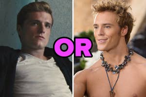 On the left, Peeta from The Hunger Games, and on the right, Finnick from The Hunger Games with or typed in the middle