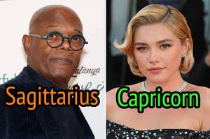 On the left, Samuel L Jackson labeled Sagittarius, and on the right, Florence Pugh labeled Capricorn