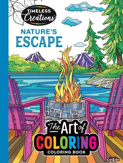 the adult coloring book cover with campfire scene