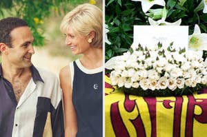 Princess Diana and Dodi in The Crown vs Diana's casket with a note reading, "Mummy" on top