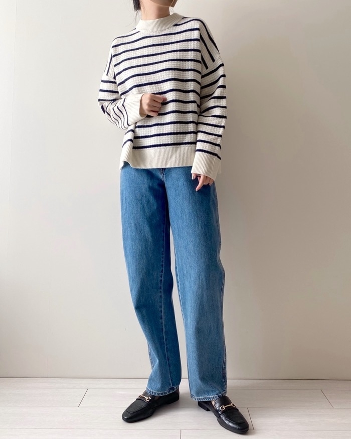 ユニクロのオススメのトップス「プレミアムラムボーダークルーネックセーター（長袖）」のコーディネート