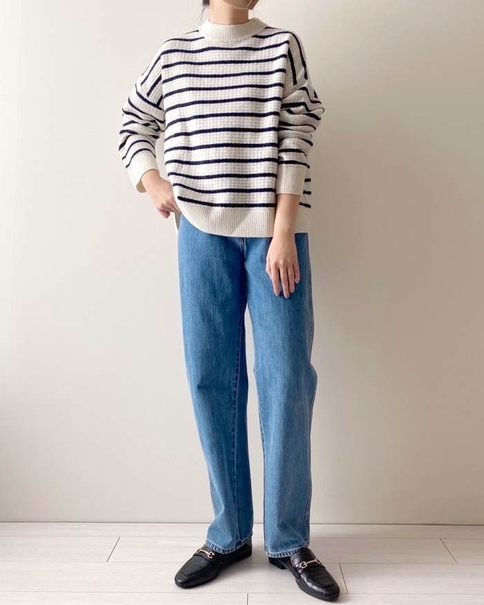 ユニクロのオススメのトップス「プレミアムラムボーダークルーネックセーター（長袖）」のコーディネート