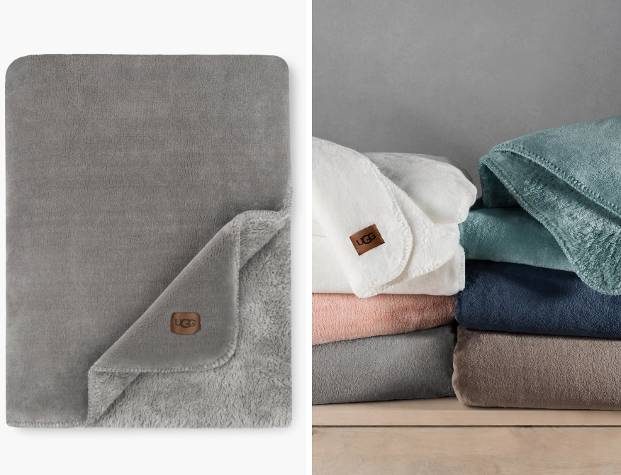 a split image of a gray ugg blanket on white background and a lifestyle image of a pile in different colors