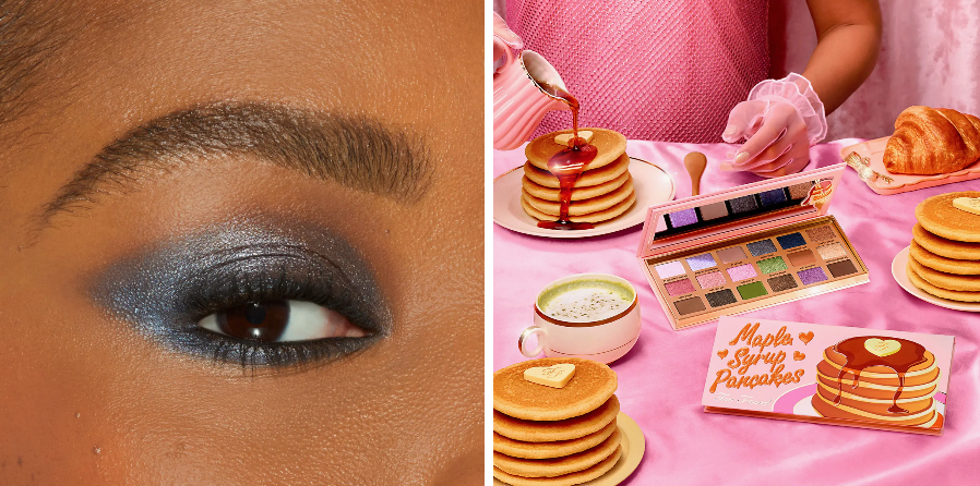 a too faced pallette surrouned by pancakes and a matcha latte and a woman&#x27;s eye made up with a blue-gray eyeshadow