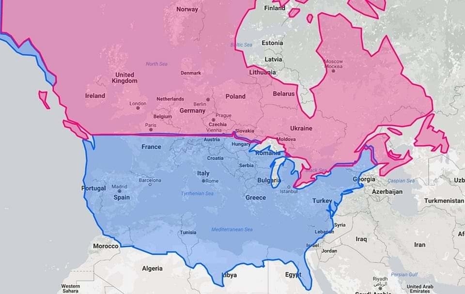 North Africa is at the southern US, and Norway is in northern Canada; Ukraine is in eastern Canada, and Turkey and Georgia are on the East Coast of the US