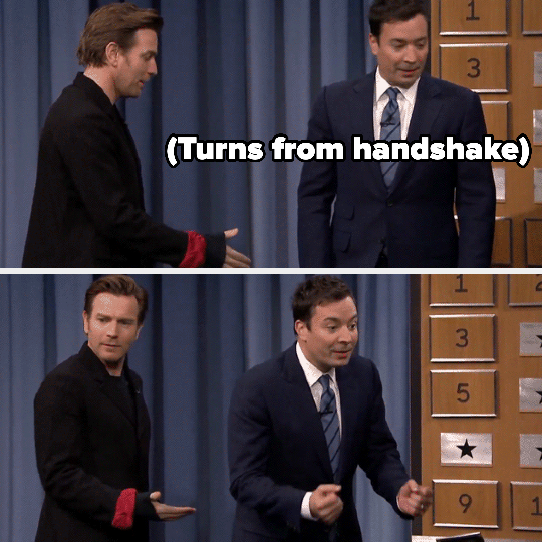 Jimmy Fallon turning his back on a handshake