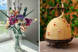 L: lego flower bouquet R: beehive-shaped spiral candle