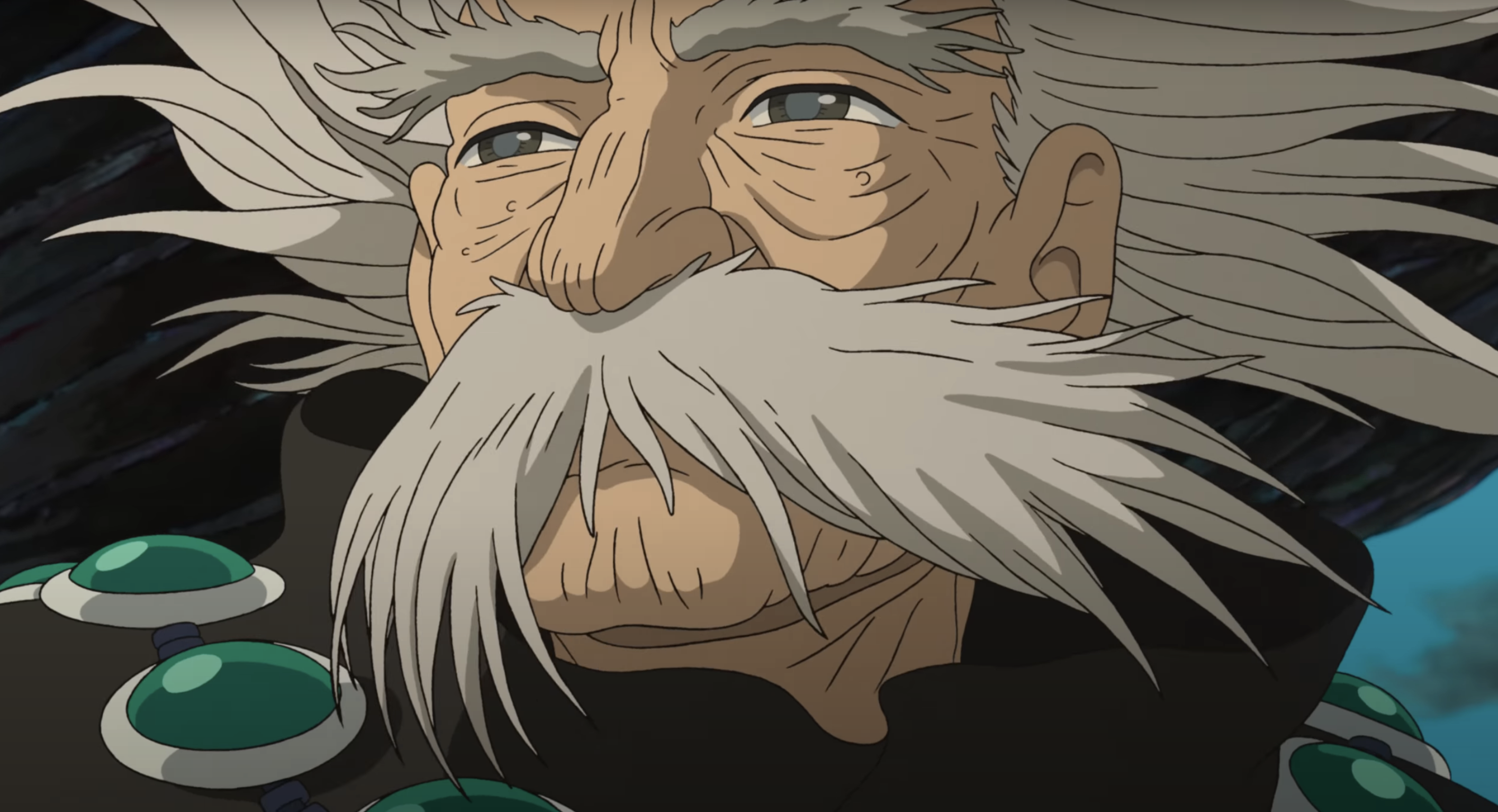 closeup of the grandpa with a long mustache