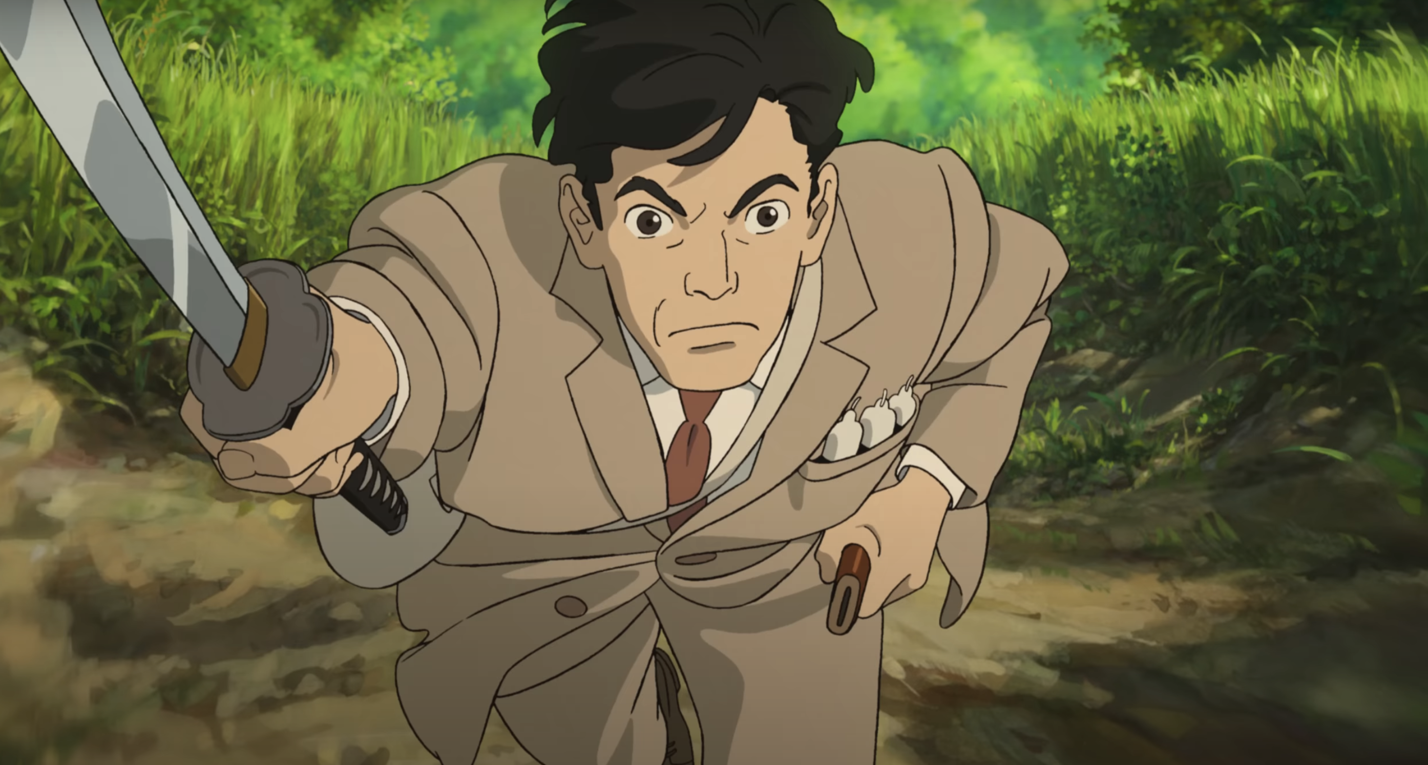 his father in a suit running with a sword outside