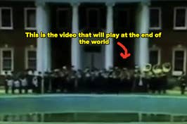 A screenshot of the CNN Doomsday Video featuring a marching band in front of a building with text that says "this is the video that will play at the end of the world"