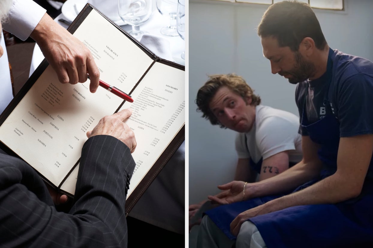On the left, two people pointing at a menu, and on the right, Carmy and Richie from The Bear talking