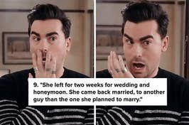 shocked reaction captioned "She left for two weeks for wedding and honeymoon. She came back married, to another guy than the one she planned to marry"