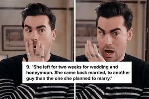 shocked reaction captioned "She left for two weeks for wedding and honeymoon. She came back married, to another guy than the one she planned to marry"
