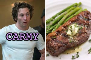 On the left, Jeremy Allen White as Carmy on The Bear, and on the right, a steak topped with butter and herbs and a side of asparagus