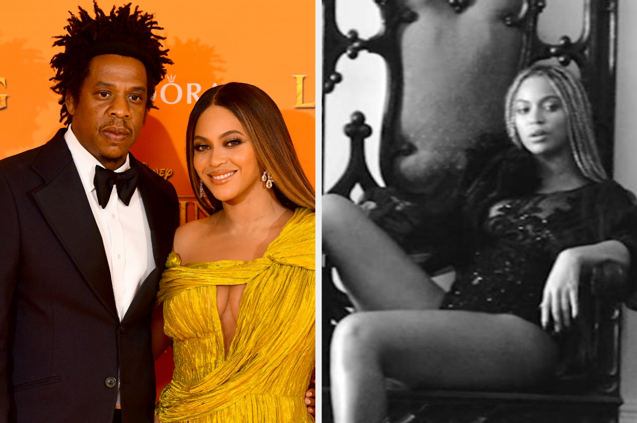 closeup of jay-z and beyonce at an event and then beyonce sitting in a chair in a music video