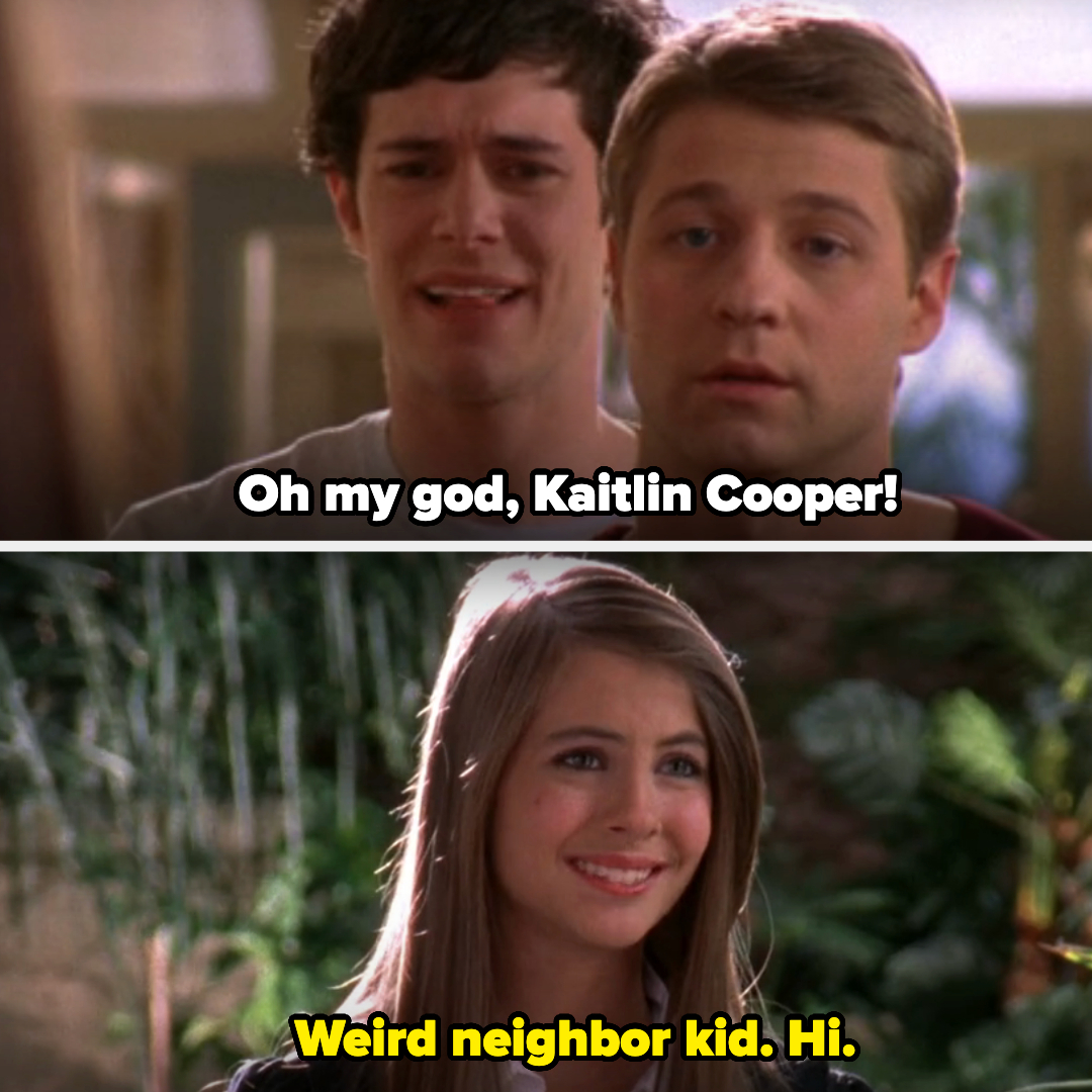 seth saying, omg kaitlin coooper and her responding, weird neighbor kid, hi