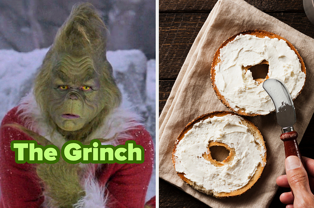 On the left, Jim Carrey as the Grinch, and on the right, someone putting cream cheese on a bagel