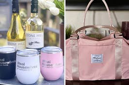 custom real housewives wine tumblers and a duffel bag