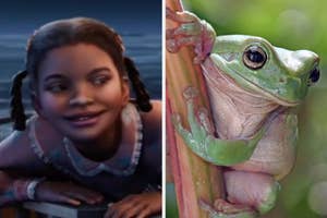 On the left, the little girl from The Polar Express, and on the right, a frog in a tree